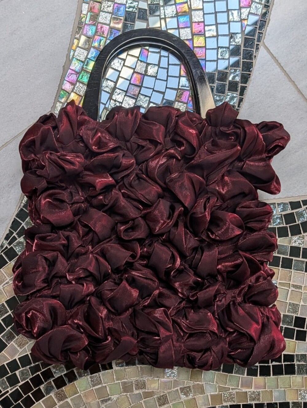 funky SARAH LARSON burgundy ruffle handbag purse art to wear